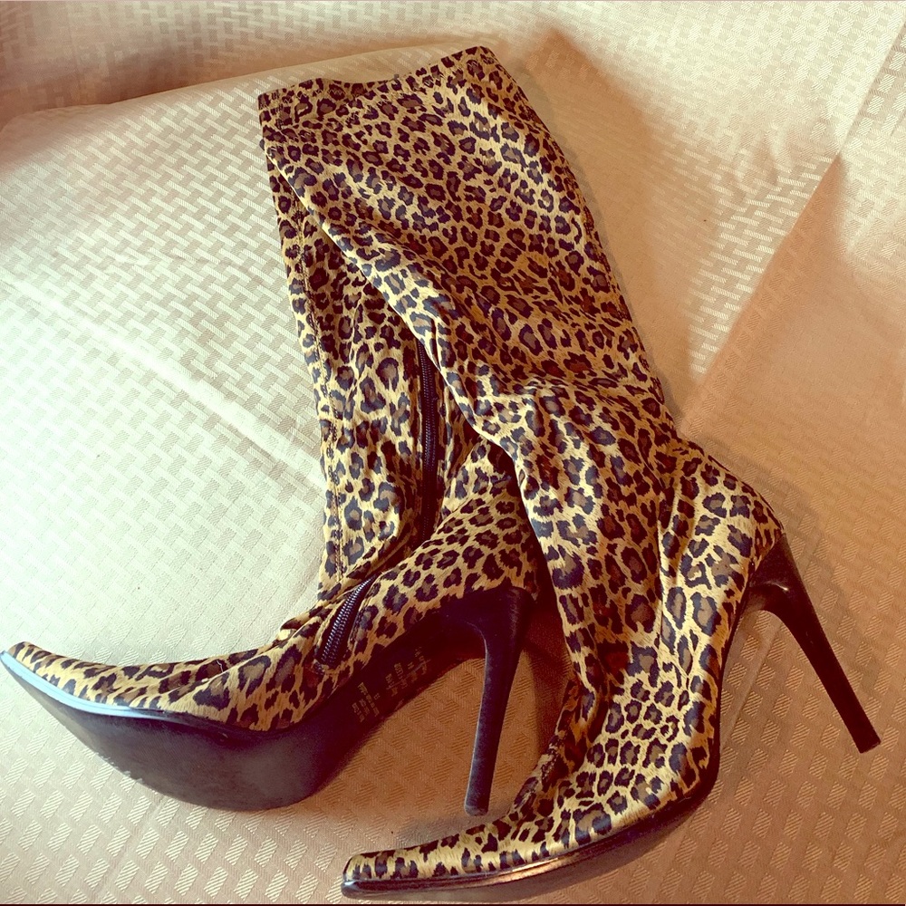 Leopard Print Knee High Stiletto Boots